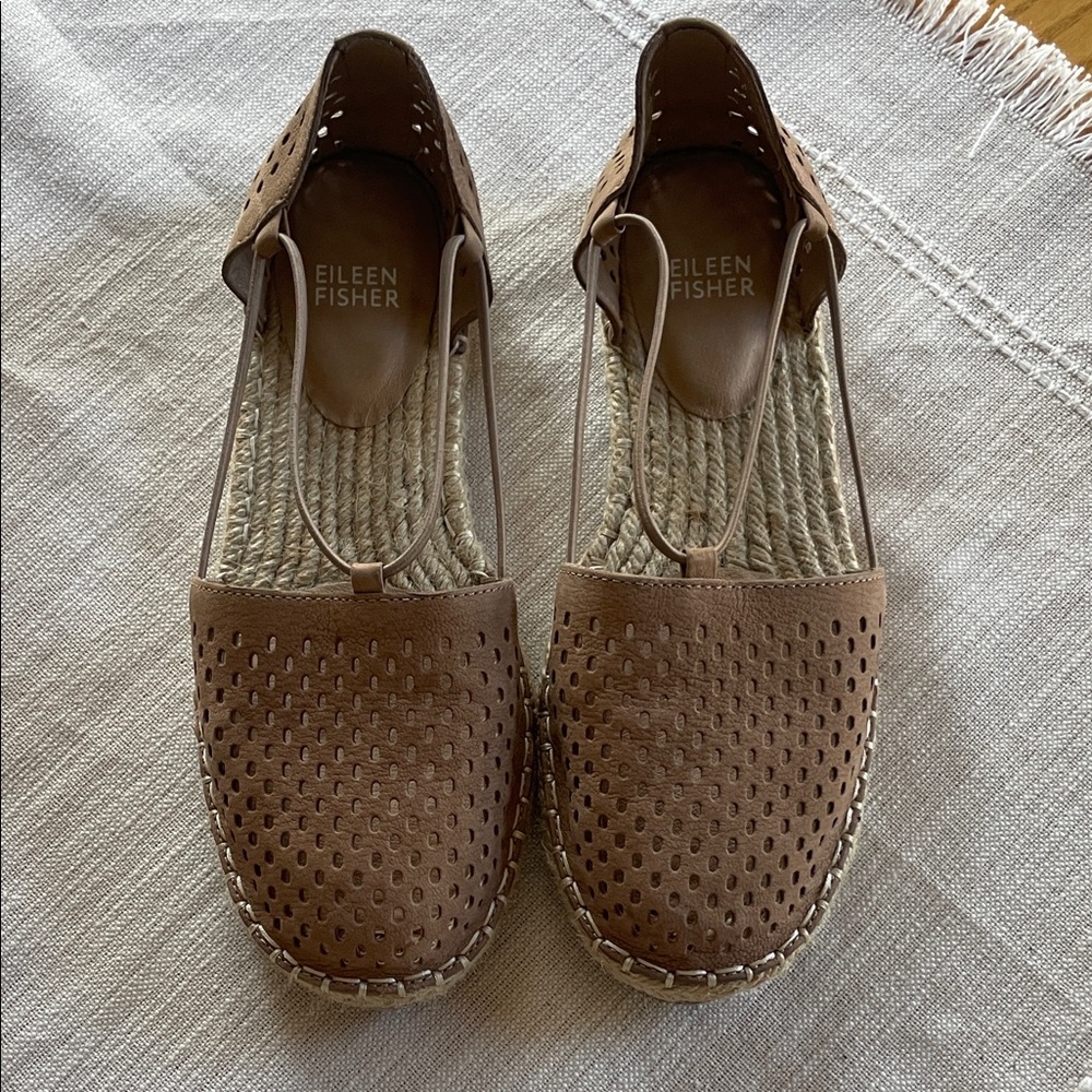 Eileen Fisher Taupe Perforated Suede Espadrille Slingbacks